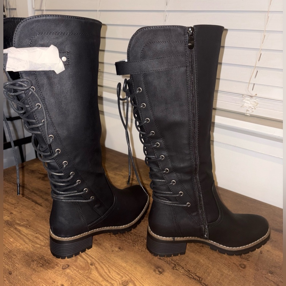 NWOT Global Win Black Lace-Up Knee High Boots - Picture 8 of 13